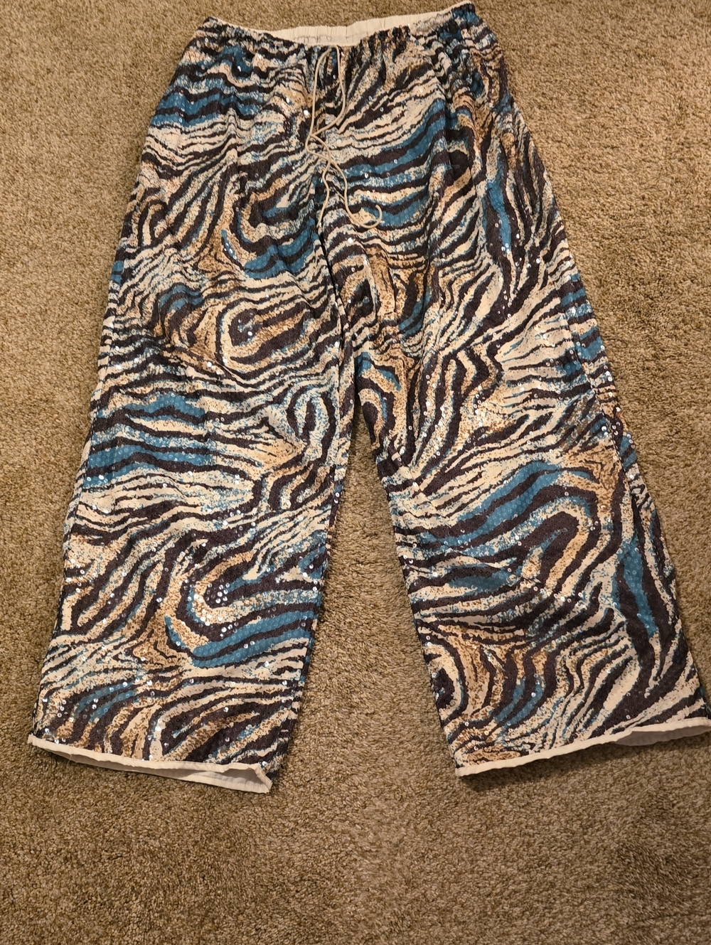 SHEIN Blue, Brown & Cream Sequin Zebra Wide Leg Pants